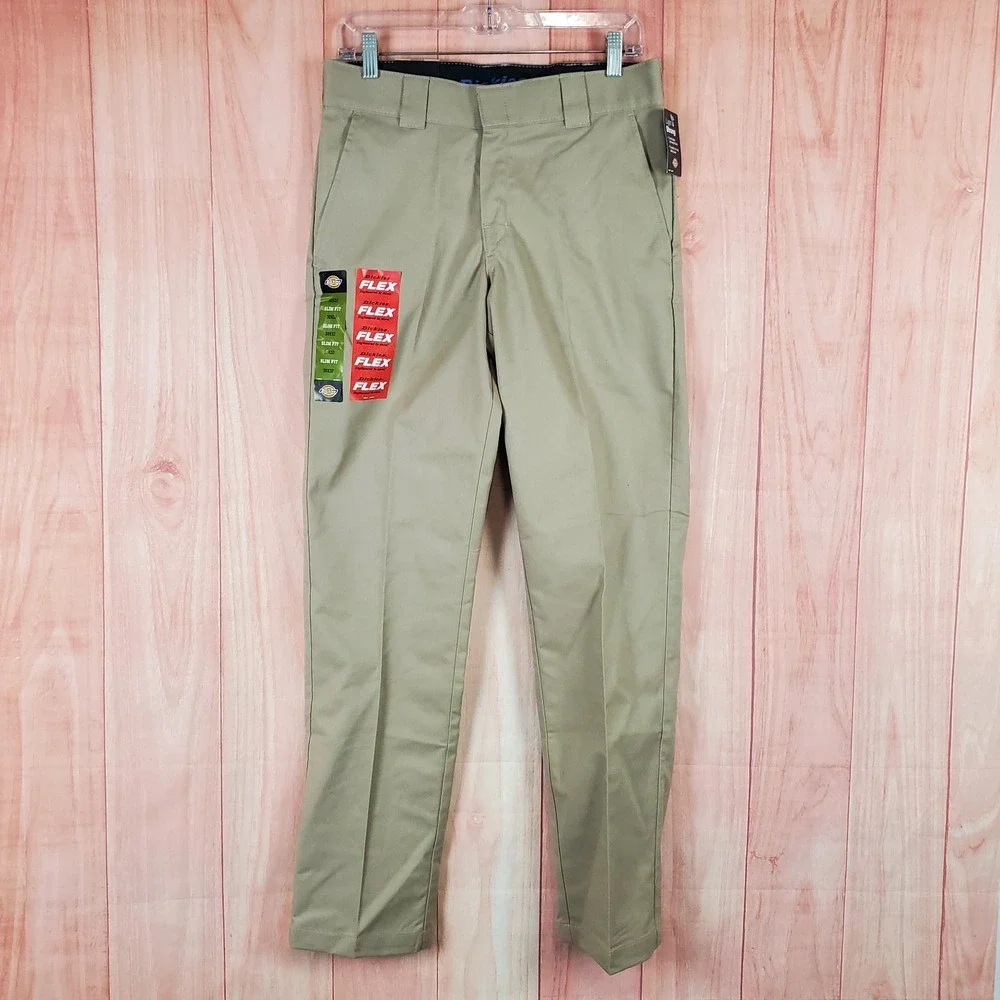 Dickies Flex Work Pants Mens 30 30x32 Tan Cotton Slim Fit Tapered Twill Pant